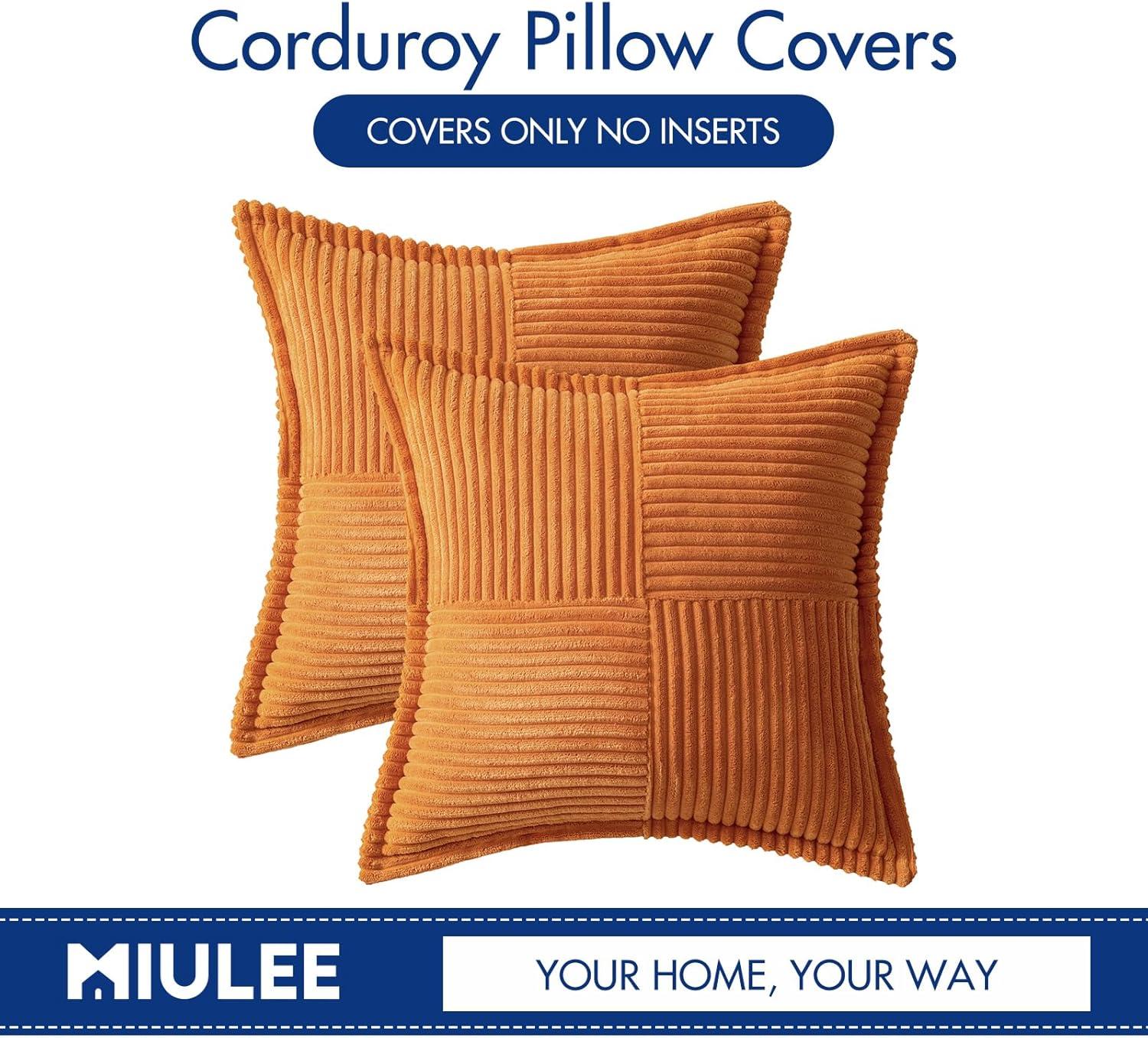 imageMIULEE Orange Fall Corduroy Decorative Euro Sham Pillow Covers 24x24 Inch with Splicing Set of 2 Soft Boho Pillow Covers Broadside Textured Summer Pillowcases for Couch Bed LivingroomBurnt Orange