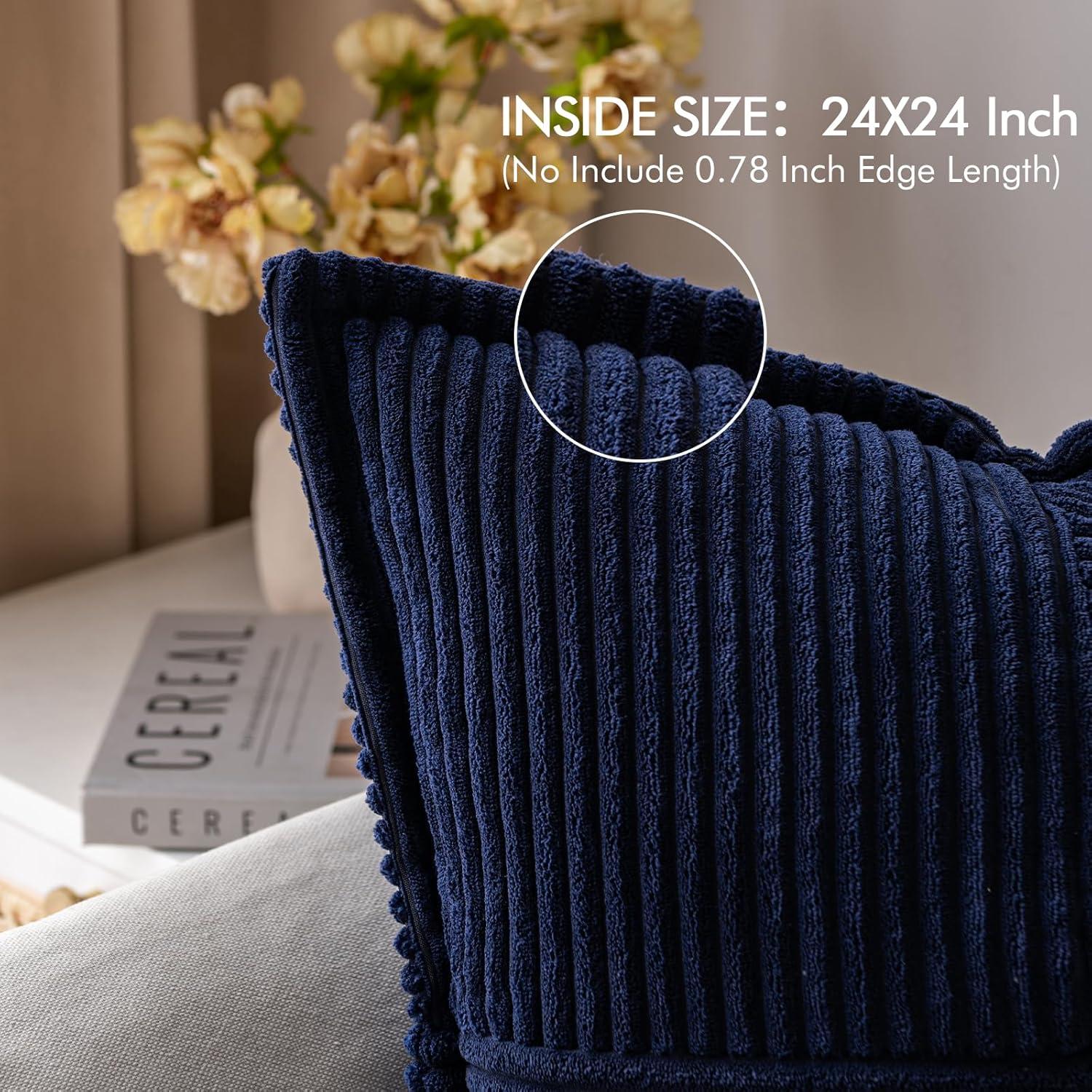 imageMIULEE Orange Fall Corduroy Decorative Euro Sham Pillow Covers 24x24 Inch with Splicing Set of 2 Soft Boho Pillow Covers Broadside Textured Summer Pillowcases for Couch Bed LivingroomNavy Blue