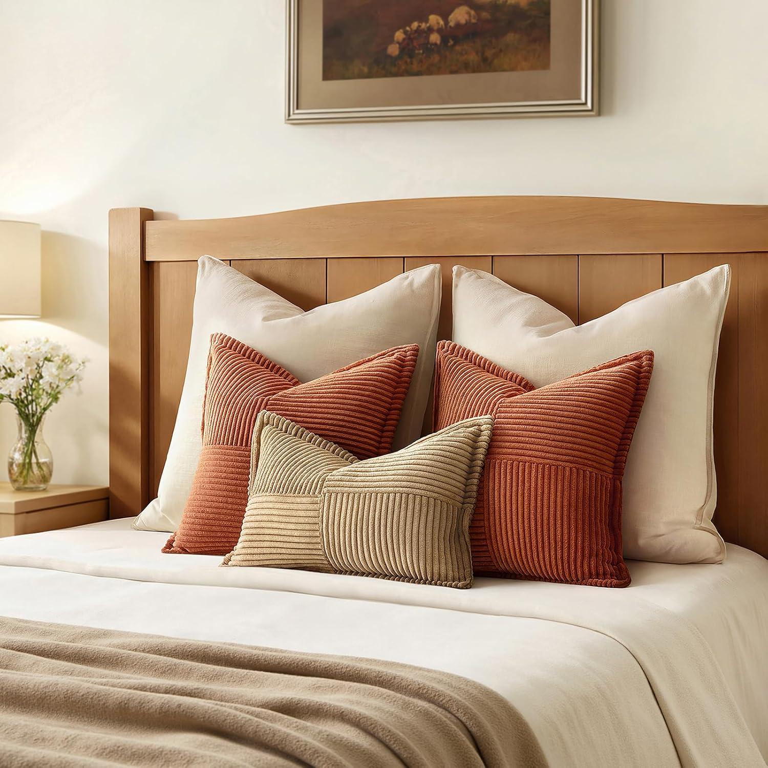imageMIULEE Orange Fall Corduroy Decorative Euro Sham Pillow Covers 24x24 Inch with Splicing Set of 2 Soft Boho Pillow Covers Broadside Textured Summer Pillowcases for Couch Bed LivingroomDark Rust
