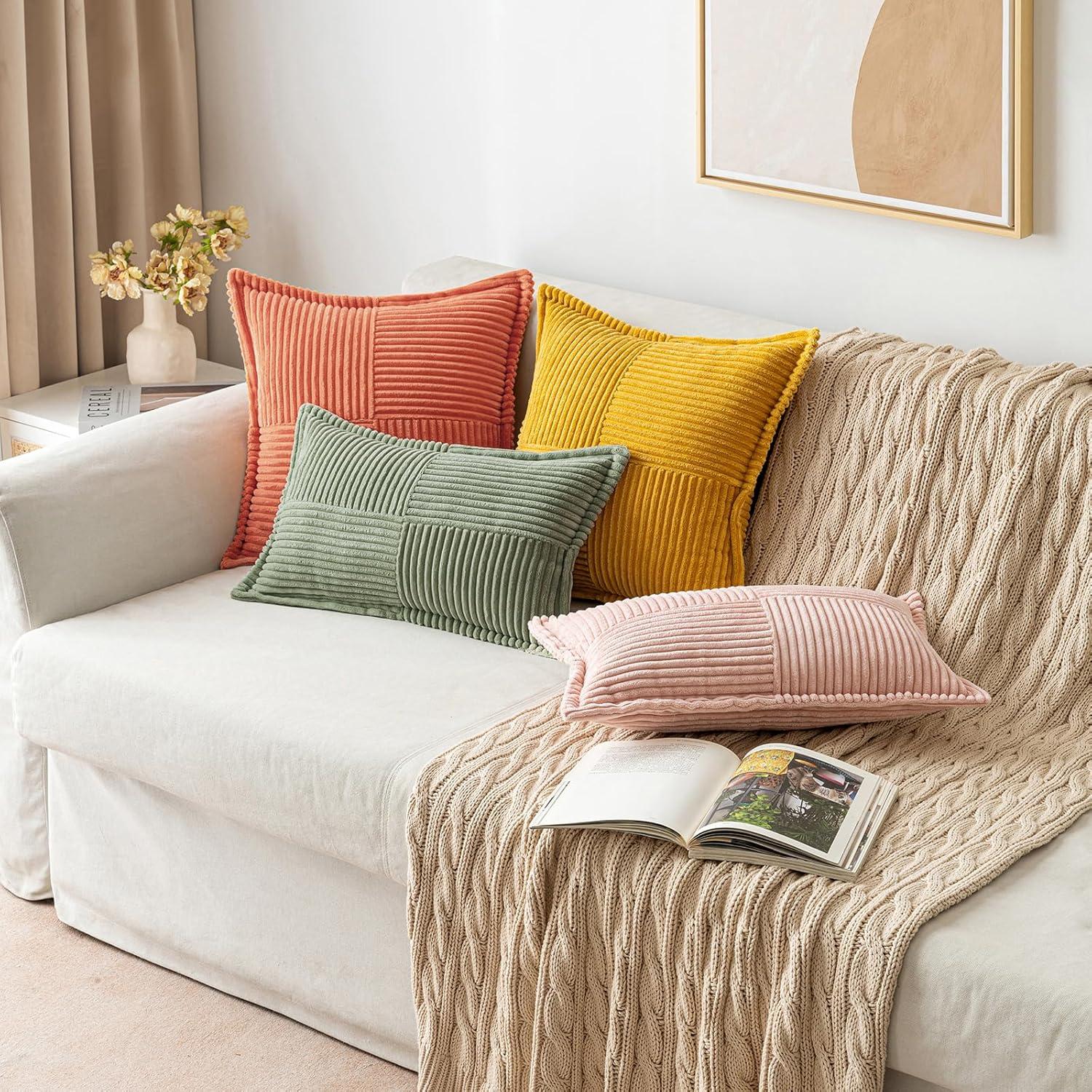 imageMIULEE Orange Fall Corduroy Decorative Euro Sham Pillow Covers 24x24 Inch with Splicing Set of 2 Soft Boho Pillow Covers Broadside Textured Summer Pillowcases for Couch Bed LivingroomLight Olive Green