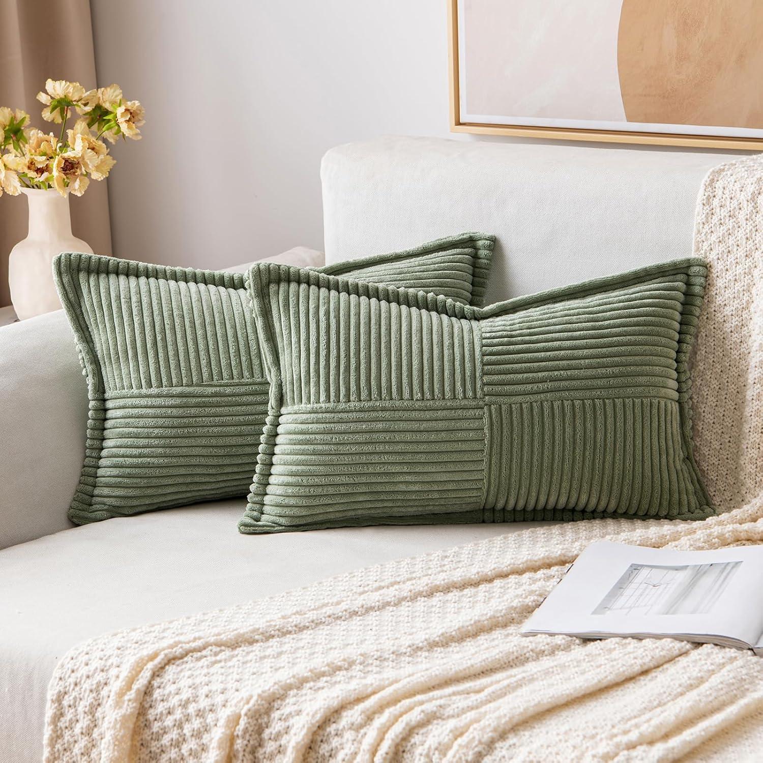 imageMIULEE Orange Fall Corduroy Decorative Euro Sham Pillow Covers 24x24 Inch with Splicing Set of 2 Soft Boho Pillow Covers Broadside Textured Summer Pillowcases for Couch Bed LivingroomLight Olive Green