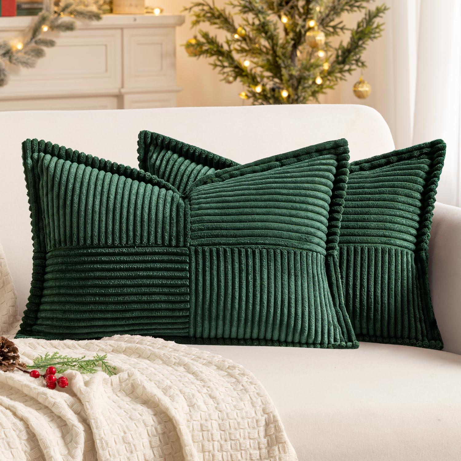 imageMIULEE Orange Fall Corduroy Decorative Euro Sham Pillow Covers 24x24 Inch with Splicing Set of 2 Soft Boho Pillow Covers Broadside Textured Summer Pillowcases for Couch Bed LivingroomDark Green