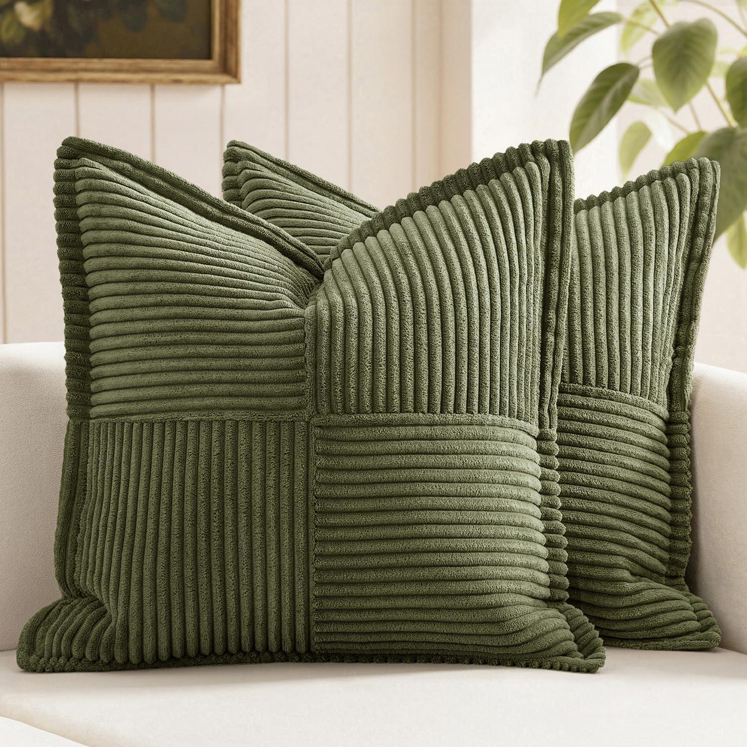 imageMIULEE Orange Fall Corduroy Decorative Euro Sham Pillow Covers 24x24 Inch with Splicing Set of 2 Soft Boho Pillow Covers Broadside Textured Summer Pillowcases for Couch Bed LivingroomOlive Green