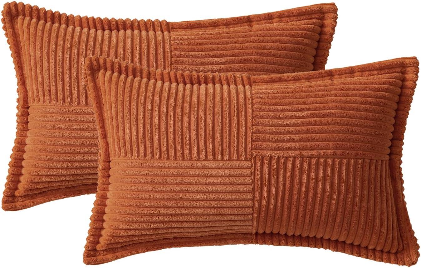 imageMIULEE Orange Fall Corduroy Decorative Euro Sham Pillow Covers 24x24 Inch with Splicing Set of 2 Soft Boho Pillow Covers Broadside Textured Summer Pillowcases for Couch Bed LivingroomRust