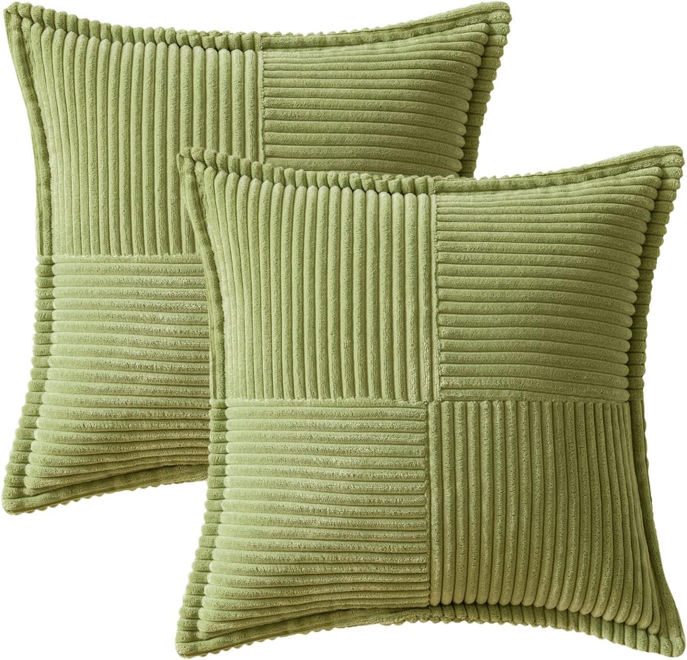 imageMIULEE Orange Fall Corduroy Decorative Euro Sham Pillow Covers 24x24 Inch with Splicing Set of 2 Soft Boho Pillow Covers Broadside Textured Summer Pillowcases for Couch Bed LivingroomGreen