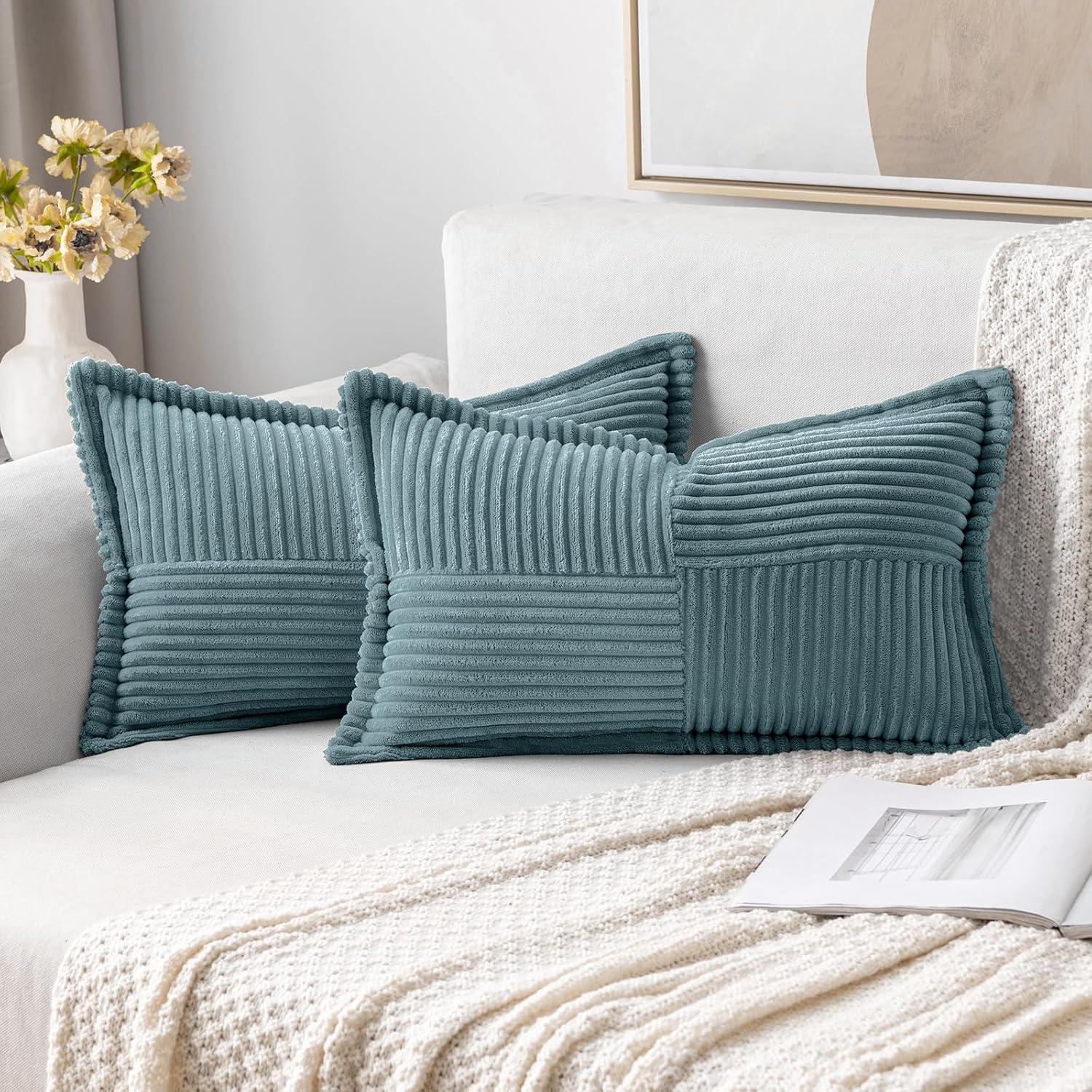 imageMIULEE Orange Fall Corduroy Decorative Euro Sham Pillow Covers 24x24 Inch with Splicing Set of 2 Soft Boho Pillow Covers Broadside Textured Summer Pillowcases for Couch Bed LivingroomDusty Blue