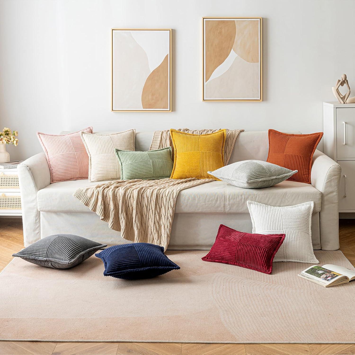 imageMIULEE Orange Fall Corduroy Decorative Euro Sham Pillow Covers 24x24 Inch with Splicing Set of 2 Soft Boho Pillow Covers Broadside Textured Summer Pillowcases for Couch Bed LivingroomRust