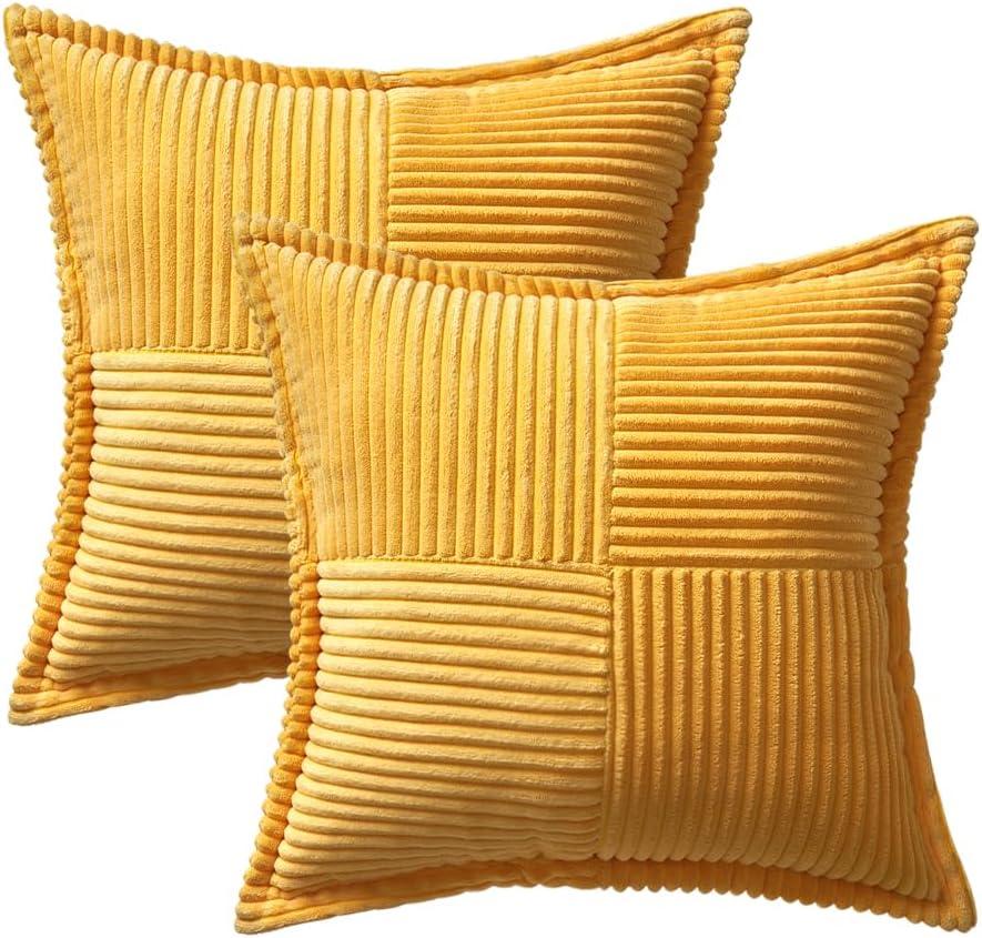 imageMIULEE Orange Fall Corduroy Decorative Euro Sham Pillow Covers 24x24 Inch with Splicing Set of 2 Soft Boho Pillow Covers Broadside Textured Summer Pillowcases for Couch Bed LivingroomGolden Yellow