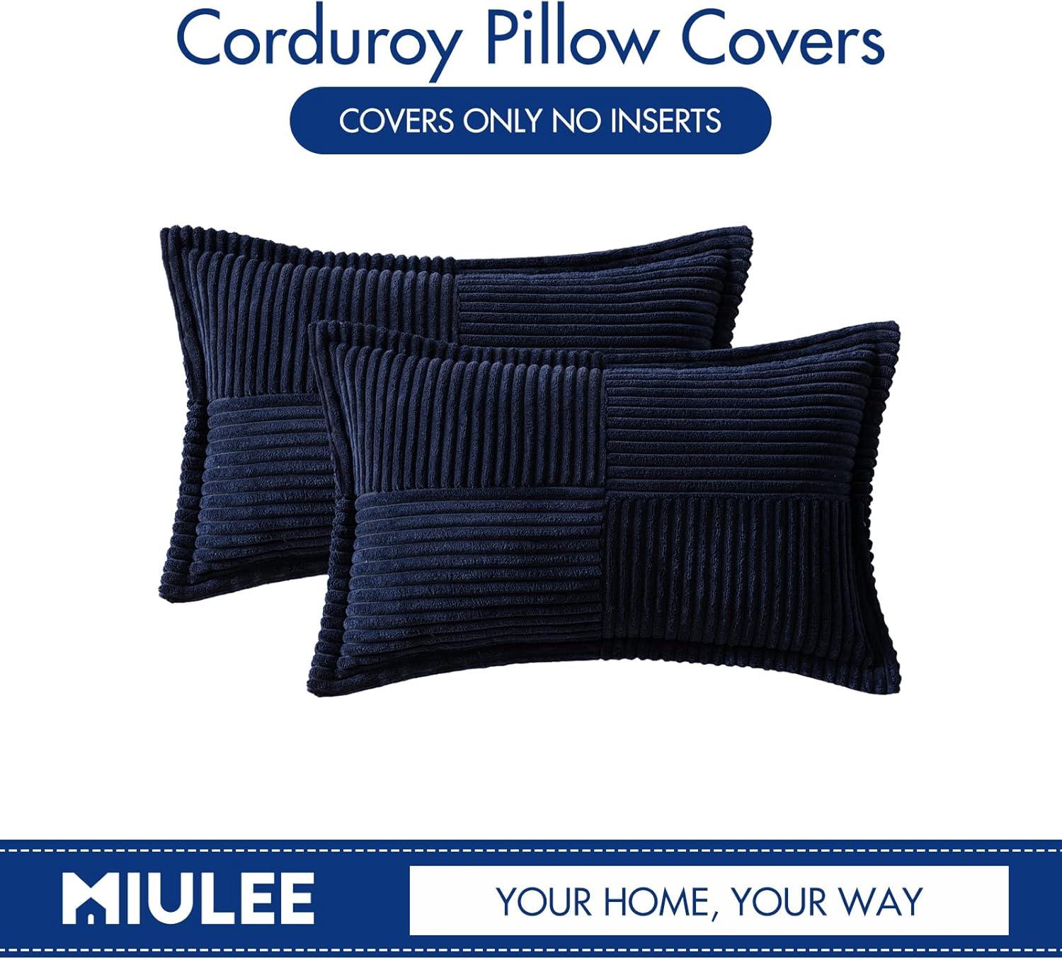imageMIULEE Orange Fall Corduroy Decorative Euro Sham Pillow Covers 24x24 Inch with Splicing Set of 2 Soft Boho Pillow Covers Broadside Textured Summer Pillowcases for Couch Bed LivingroomNavy Blue
