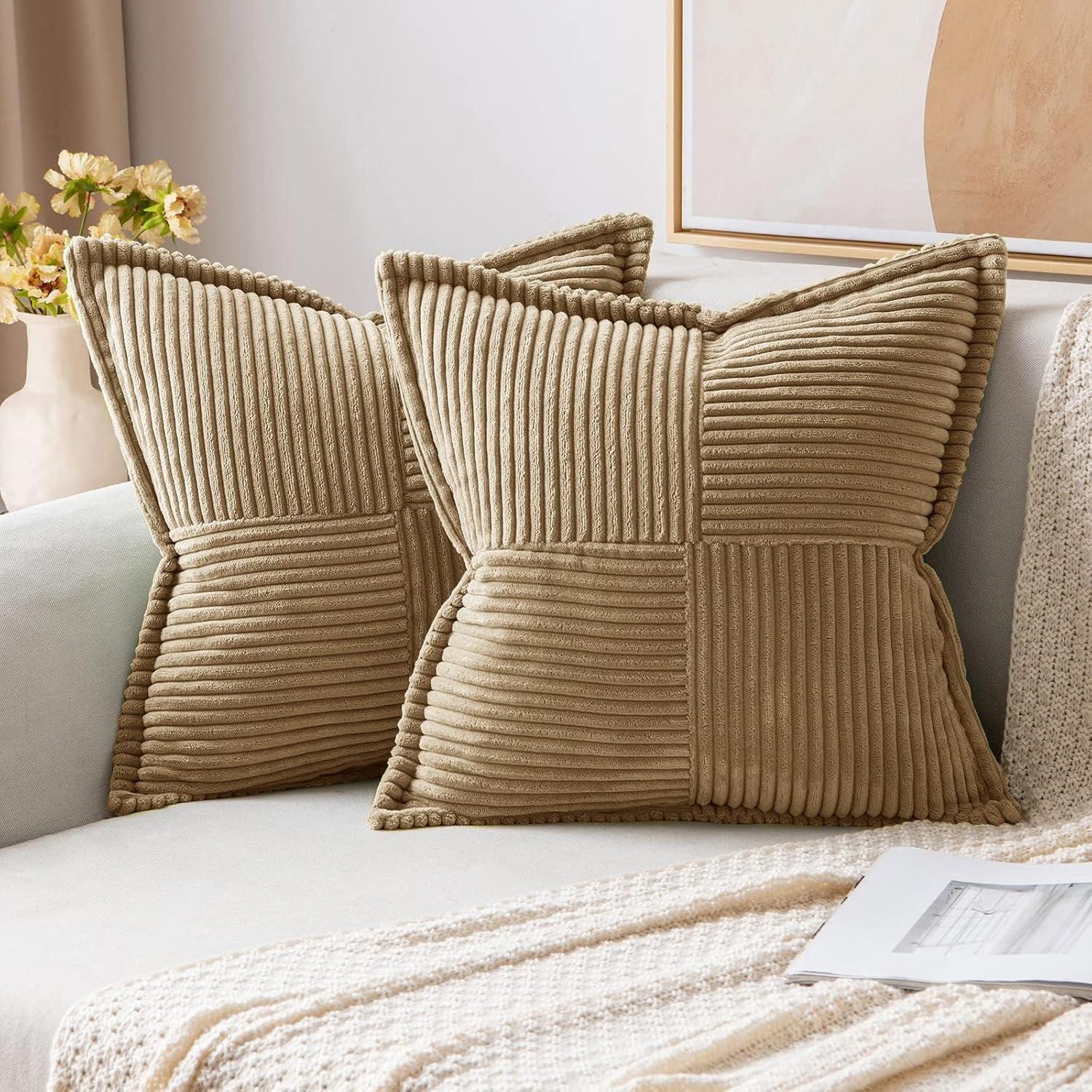 imageMIULEE Orange Fall Corduroy Decorative Euro Sham Pillow Covers 24x24 Inch with Splicing Set of 2 Soft Boho Pillow Covers Broadside Textured Summer Pillowcases for Couch Bed LivingroomKhaki