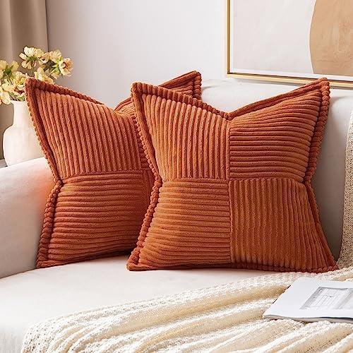 imageMIULEE Orange Fall Corduroy Decorative Euro Sham Pillow Covers 24x24 Inch with Splicing Set of 2 Soft Boho Pillow Covers Broadside Textured Summer Pillowcases for Couch Bed LivingroomRust
