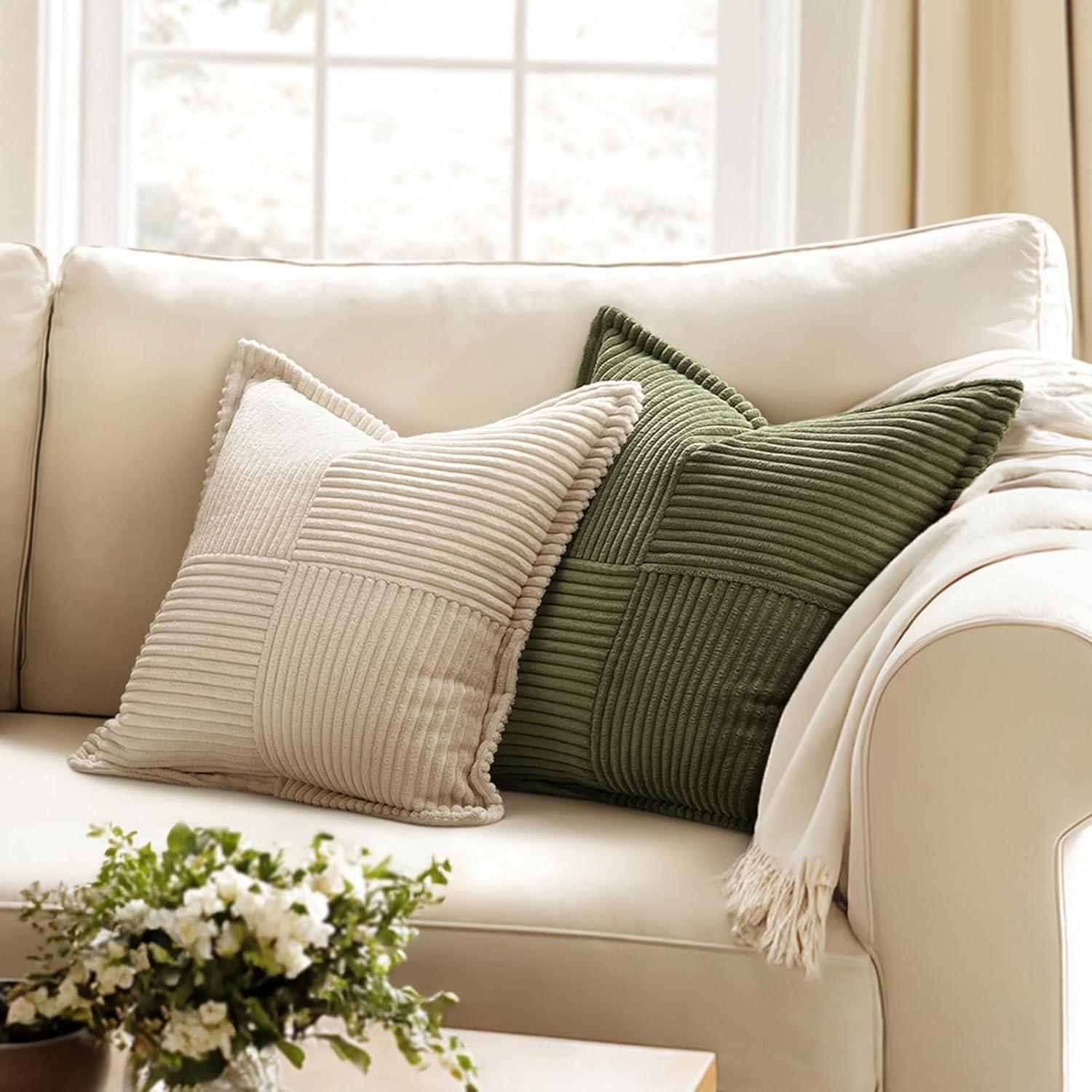 imageMIULEE Orange Fall Corduroy Decorative Euro Sham Pillow Covers 24x24 Inch with Splicing Set of 2 Soft Boho Pillow Covers Broadside Textured Summer Pillowcases for Couch Bed LivingroomOlive Green