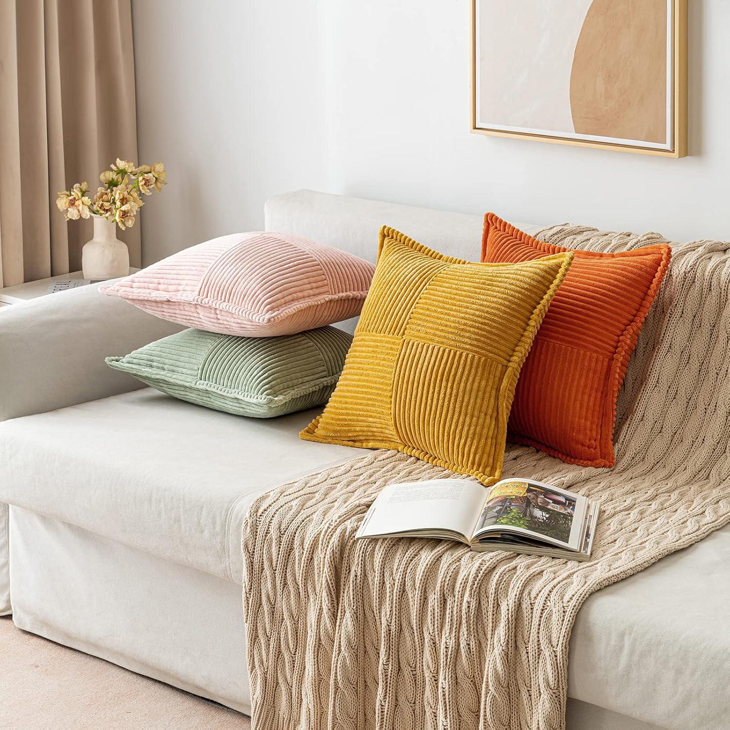 imageMIULEE Orange Fall Corduroy Decorative Euro Sham Pillow Covers 24x24 Inch with Splicing Set of 2 Soft Boho Pillow Covers Broadside Textured Summer Pillowcases for Couch Bed LivingroomMustard Yellow