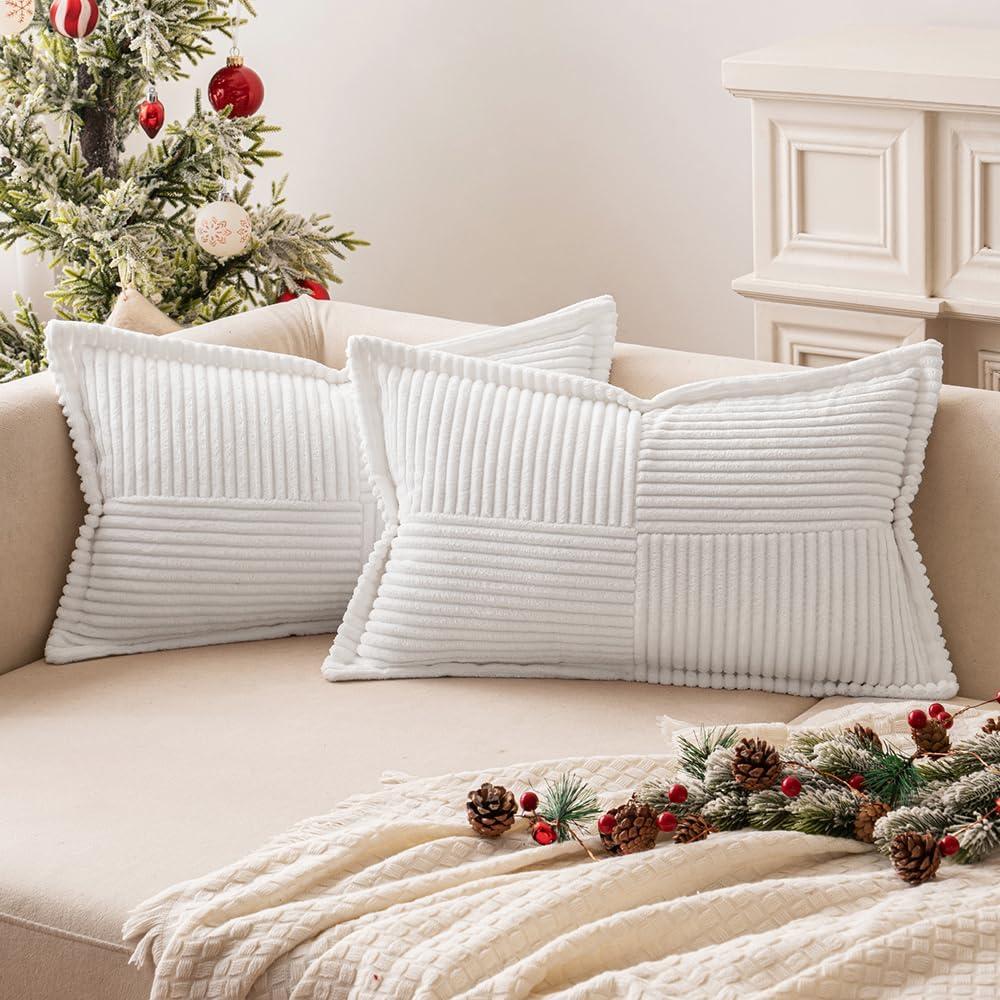 imageMIULEE Orange Fall Corduroy Decorative Euro Sham Pillow Covers 24x24 Inch with Splicing Set of 2 Soft Boho Pillow Covers Broadside Textured Summer Pillowcases for Couch Bed LivingroomWhite