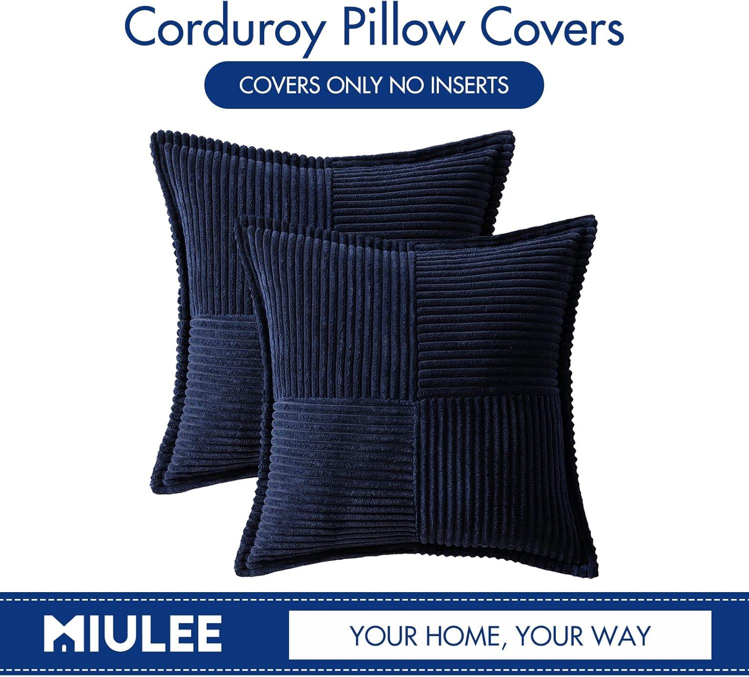 imageMIULEE Orange Fall Corduroy Decorative Euro Sham Pillow Covers 24x24 Inch with Splicing Set of 2 Soft Boho Pillow Covers Broadside Textured Summer Pillowcases for Couch Bed LivingroomNavy Blue