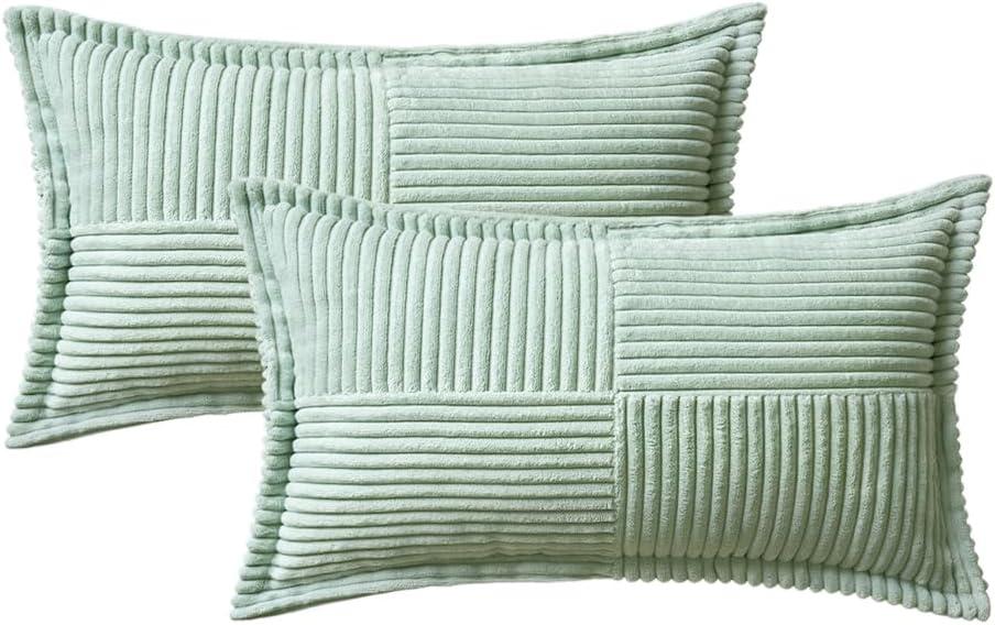 imageMIULEE Orange Fall Corduroy Decorative Euro Sham Pillow Covers 24x24 Inch with Splicing Set of 2 Soft Boho Pillow Covers Broadside Textured Summer Pillowcases for Couch Bed LivingroomMint Green