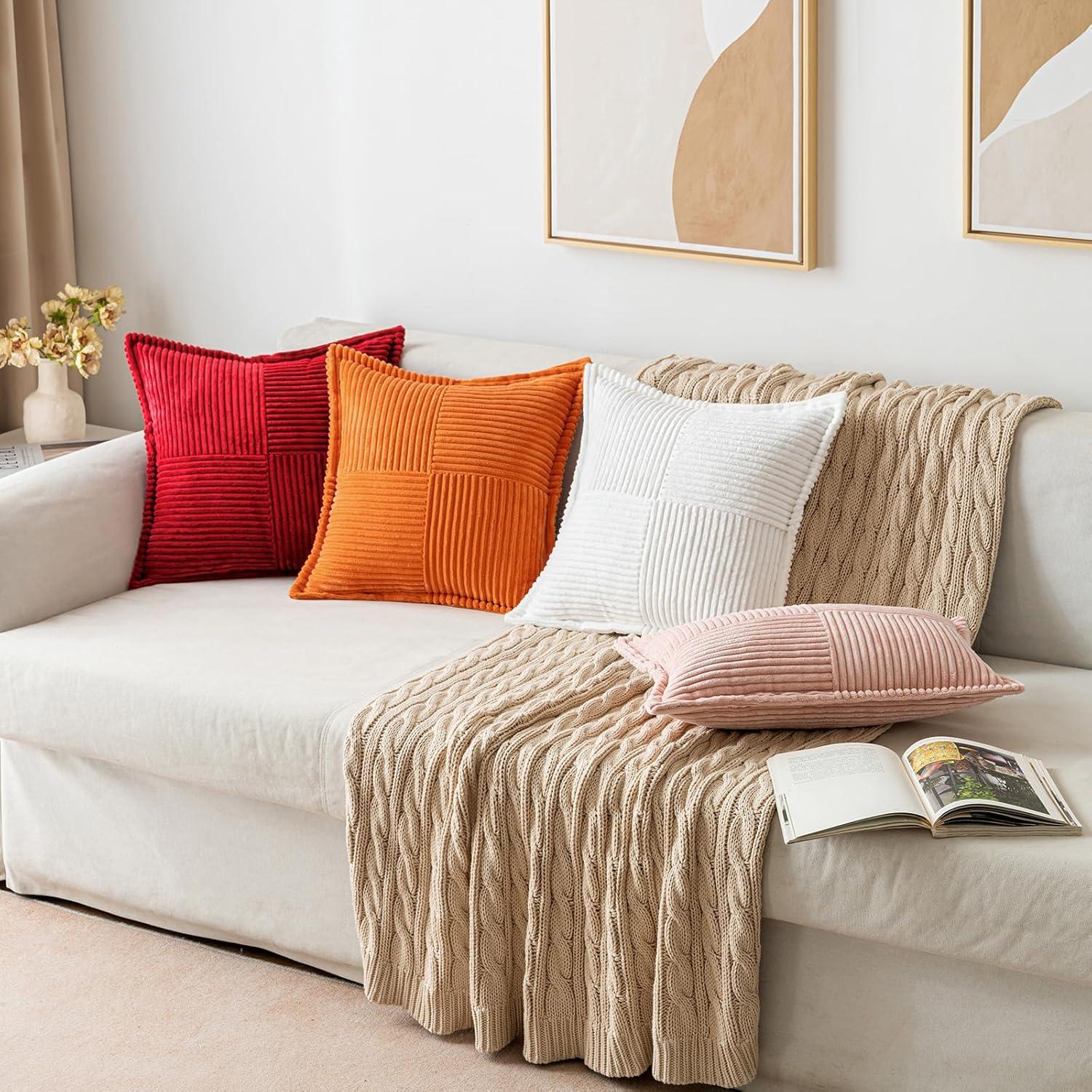 imageMIULEE Orange Fall Corduroy Decorative Euro Sham Pillow Covers 24x24 Inch with Splicing Set of 2 Soft Boho Pillow Covers Broadside Textured Summer Pillowcases for Couch Bed LivingroomRed