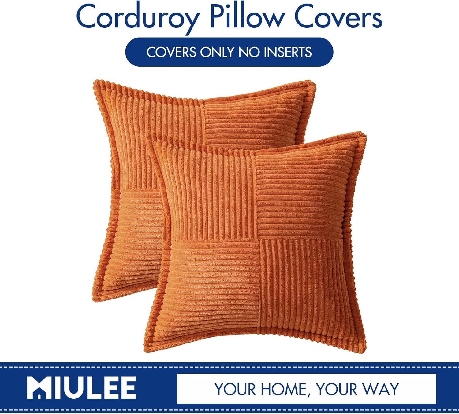 imageMIULEE Orange Fall Corduroy Decorative Euro Sham Pillow Covers 24x24 Inch with Splicing Set of 2 Soft Boho Pillow Covers Broadside Textured Summer Pillowcases for Couch Bed LivingroomOrange
