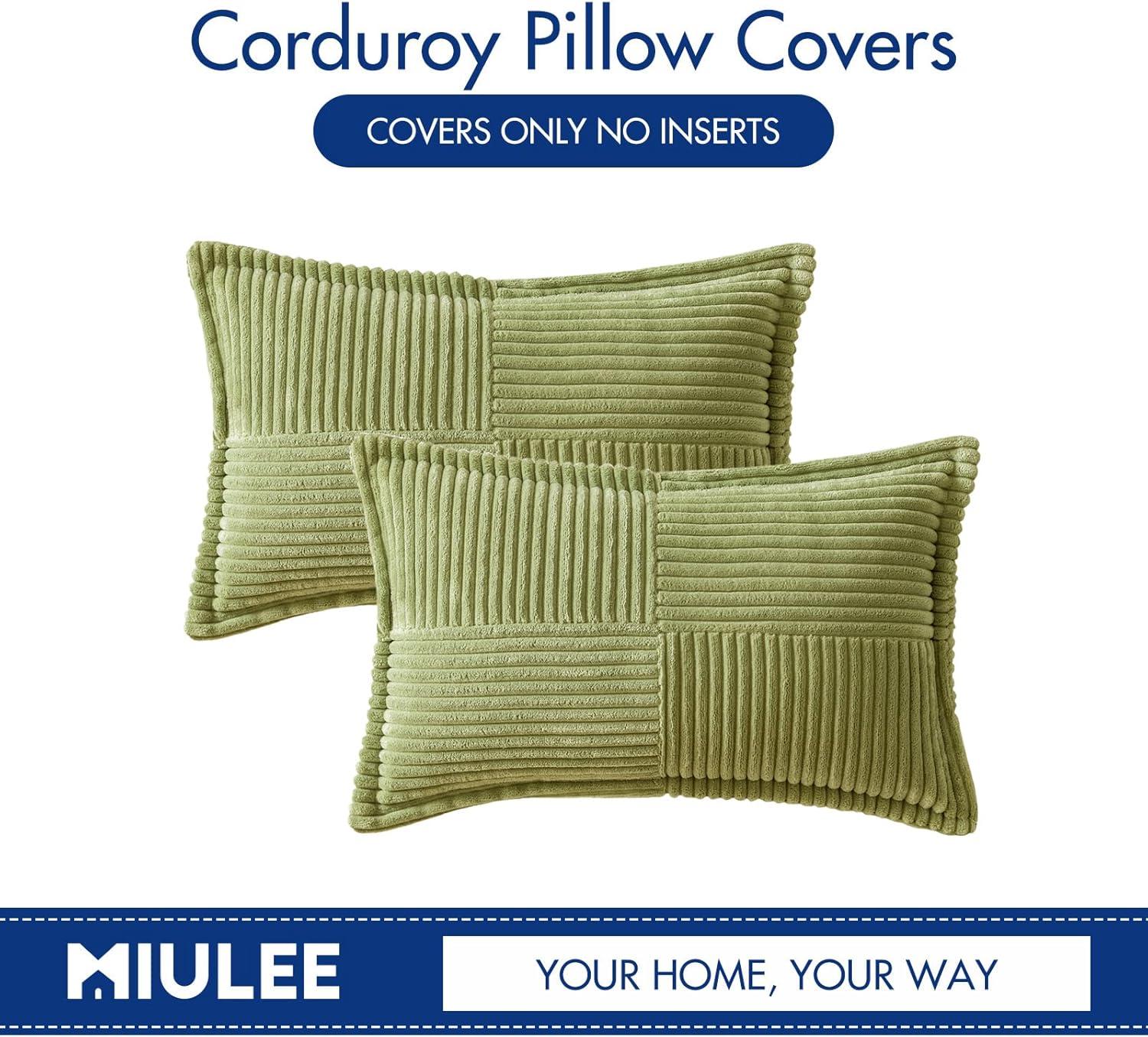 imageMIULEE Orange Fall Corduroy Decorative Euro Sham Pillow Covers 24x24 Inch with Splicing Set of 2 Soft Boho Pillow Covers Broadside Textured Summer Pillowcases for Couch Bed LivingroomGreen