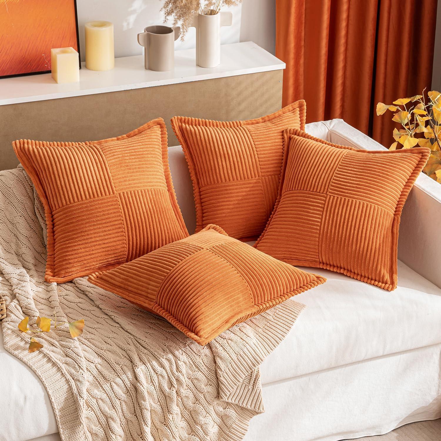 imageMIULEE Orange Fall Corduroy Decorative Euro Sham Pillow Covers 24x24 Inch with Splicing Set of 2 Soft Boho Pillow Covers Broadside Textured Summer Pillowcases for Couch Bed LivingroomOrange