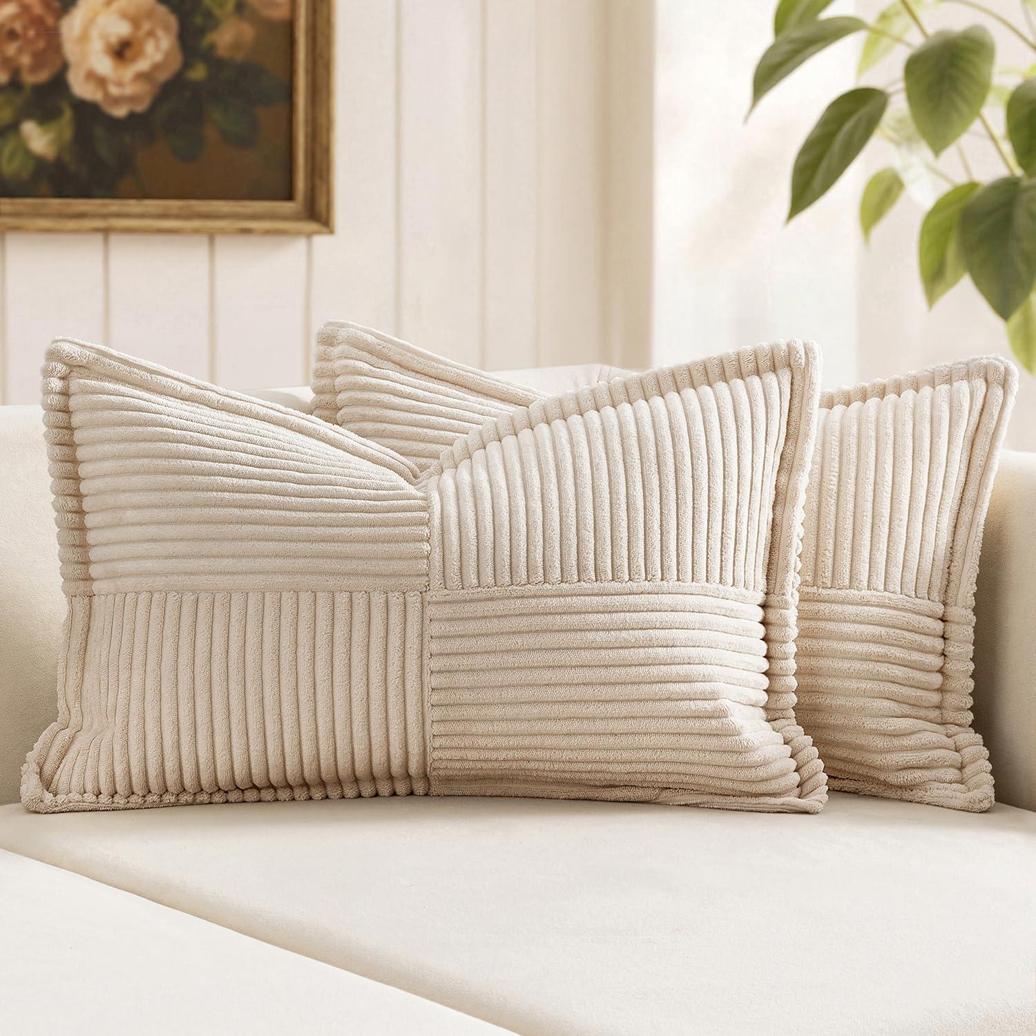 imageMIULEE Orange Fall Corduroy Decorative Euro Sham Pillow Covers 24x24 Inch with Splicing Set of 2 Soft Boho Pillow Covers Broadside Textured Summer Pillowcases for Couch Bed LivingroomBeige