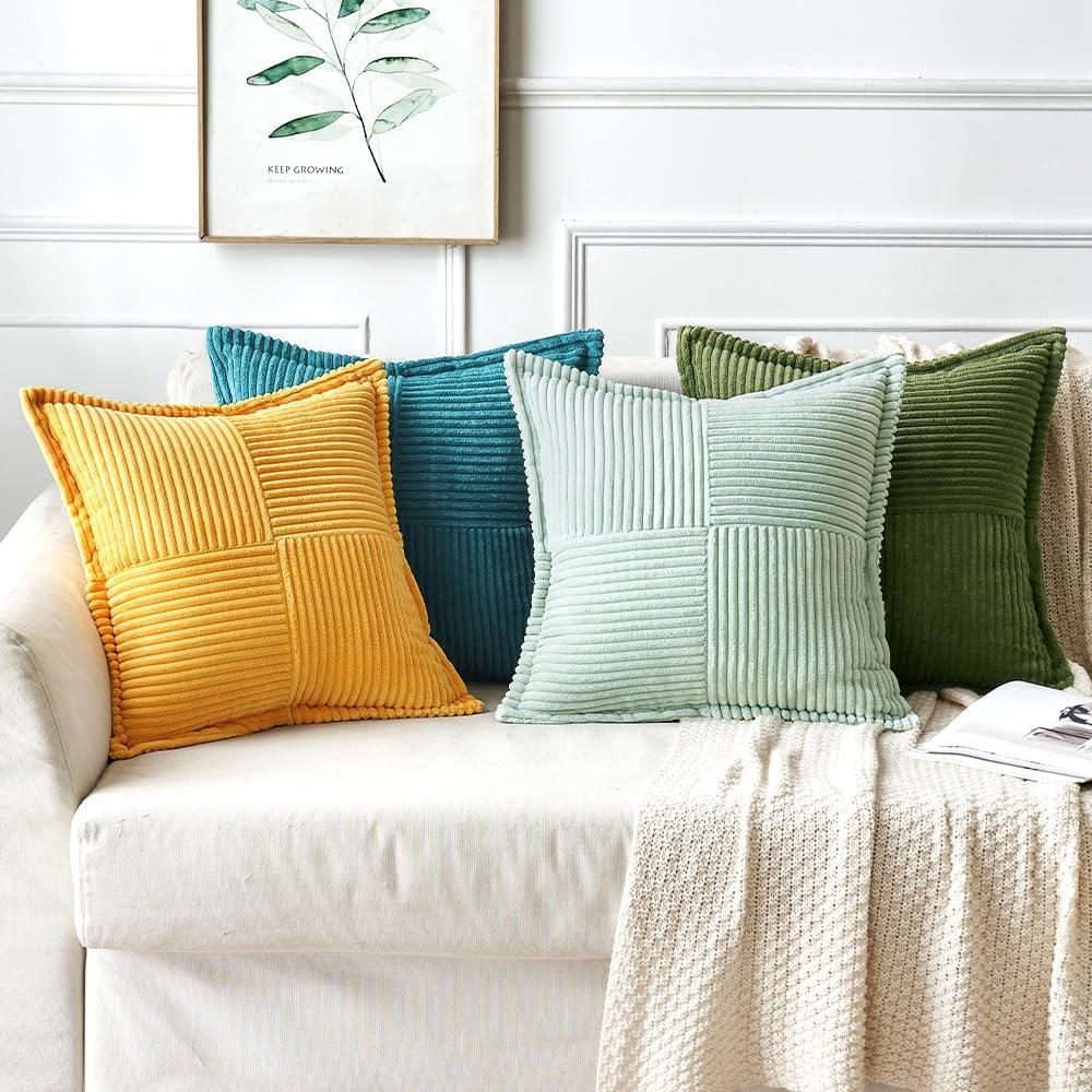 imageMIULEE Orange Fall Corduroy Decorative Euro Sham Pillow Covers 24x24 Inch with Splicing Set of 2 Soft Boho Pillow Covers Broadside Textured Summer Pillowcases for Couch Bed LivingroomLight Green