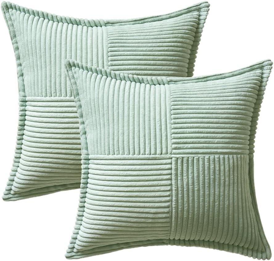 imageMIULEE Orange Fall Corduroy Decorative Euro Sham Pillow Covers 24x24 Inch with Splicing Set of 2 Soft Boho Pillow Covers Broadside Textured Summer Pillowcases for Couch Bed LivingroomMint Green