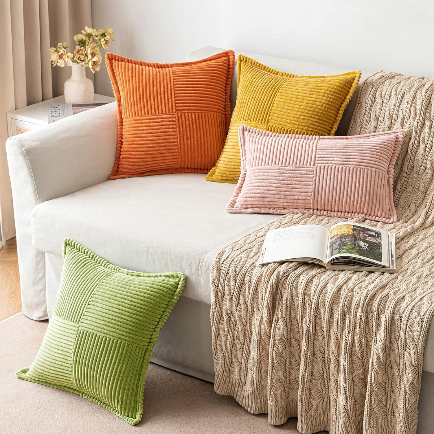 imageMIULEE Orange Fall Corduroy Decorative Euro Sham Pillow Covers 24x24 Inch with Splicing Set of 2 Soft Boho Pillow Covers Broadside Textured Summer Pillowcases for Couch Bed LivingroomGreen