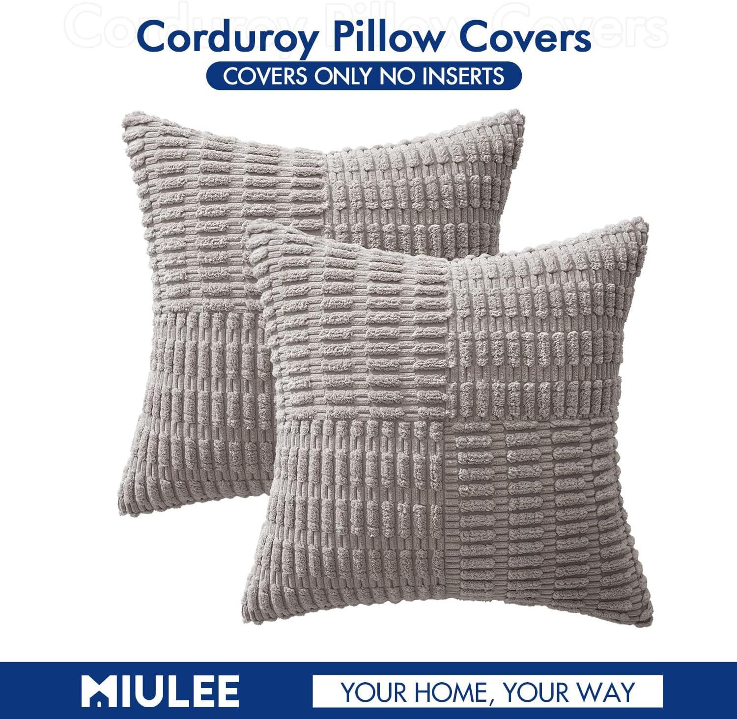 imageMIULEE Set of 2 Light Brown Decorative Pillow Covers 18x18 Inch Textured Striped Patchwork Accents Farmhouse Boho Soft Corduroy Couch Pillows for Sofa Living Room Bed Home DecorLight Grey
