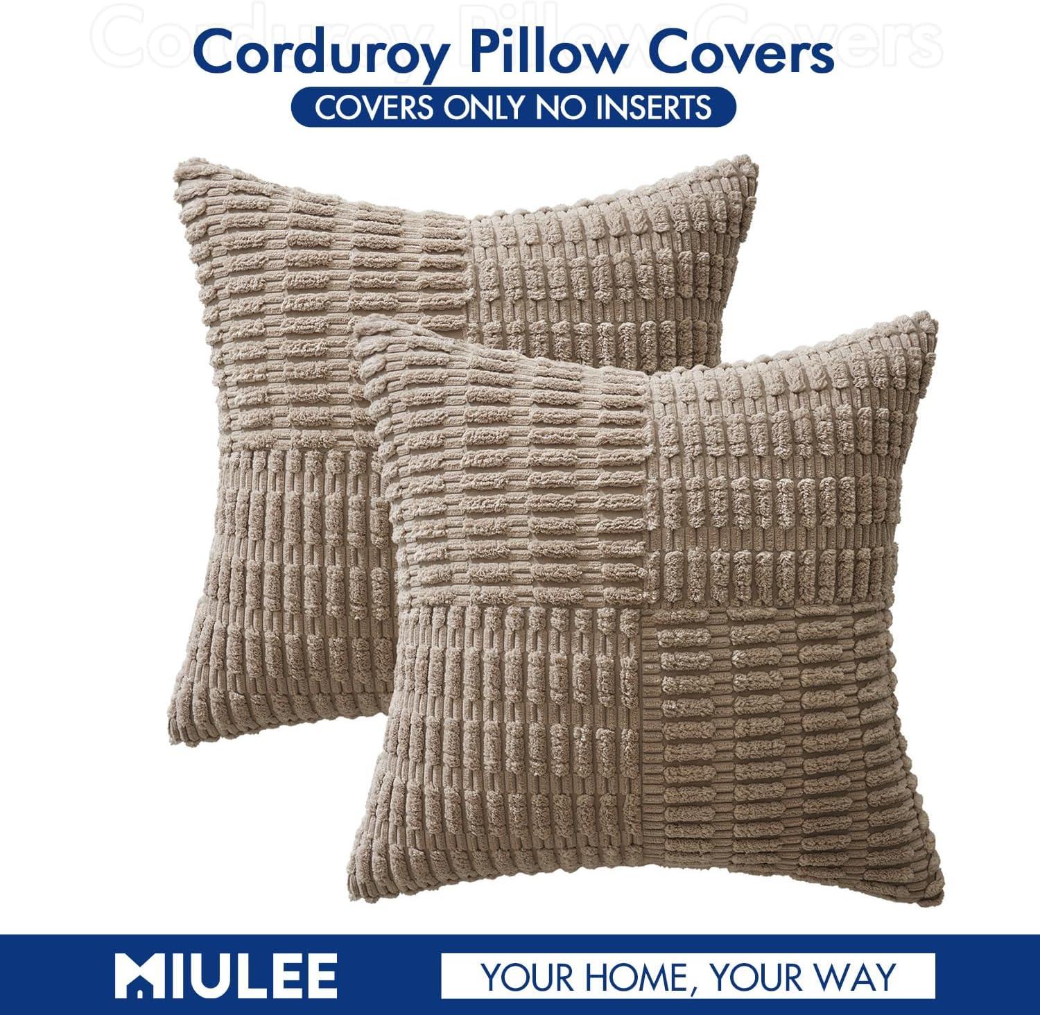 imageMIULEE Set of 2 Light Brown Decorative Pillow Covers 18x18 Inch Textured Striped Patchwork Accents Farmhouse Boho Soft Corduroy Couch Pillows for Sofa Living Room Bed Home DecorLight Brown