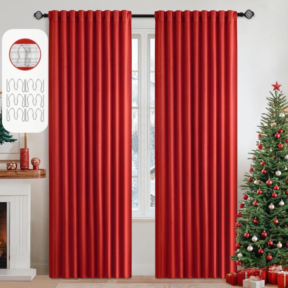 imageMIULEE Christmas Hunter Green Back Tab Blackout Curtains 84 Inch Length 2 Panels Set for Living Room Bedroom Rod PocketPinch Pleat Thermal Insulated Room Darkening Pleated Light Blocking DrapesRed