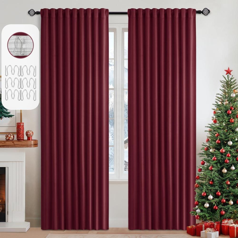 imageMIULEE Christmas Hunter Green Back Tab Blackout Curtains 84 Inch Length 2 Panels Set for Living Room Bedroom Rod PocketPinch Pleat Thermal Insulated Room Darkening Pleated Light Blocking DrapesWine Red