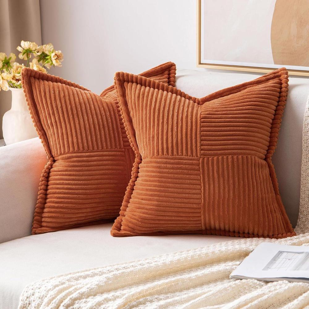 imageMIULEE Orange Fall Corduroy Decorative Euro Sham Pillow Covers 24x24 Inch with Splicing Set of 2 Soft Boho Pillow Covers Broadside Textured Summer Pillowcases for Couch Bed LivingroomRust
