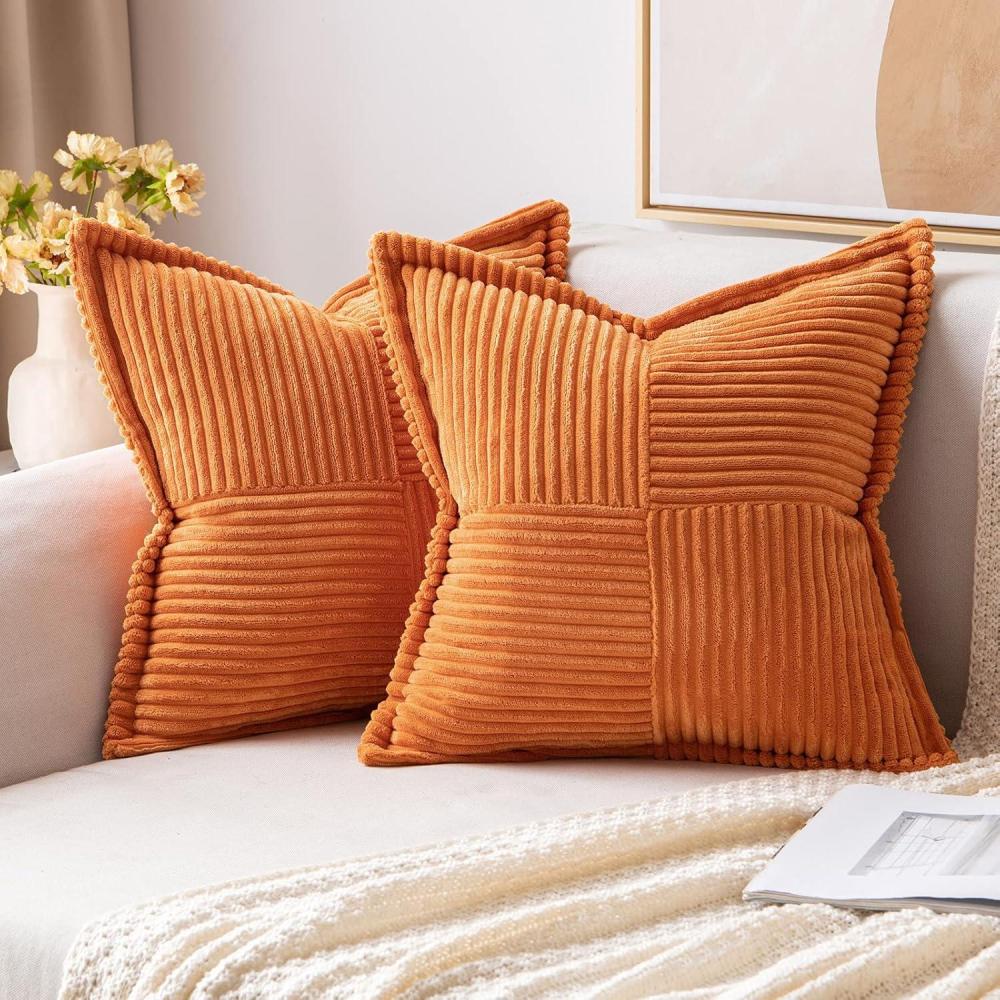 imageMIULEE Orange Fall Corduroy Decorative Euro Sham Pillow Covers 24x24 Inch with Splicing Set of 2 Soft Boho Pillow Covers Broadside Textured Summer Pillowcases for Couch Bed LivingroomOrange