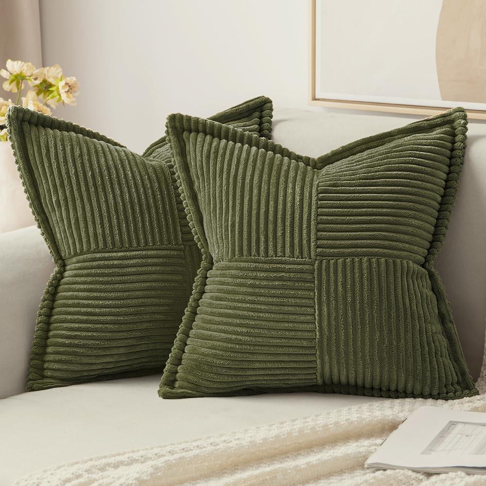 imageMIULEE Orange Fall Corduroy Decorative Euro Sham Pillow Covers 24x24 Inch with Splicing Set of 2 Soft Boho Pillow Covers Broadside Textured Summer Pillowcases for Couch Bed LivingroomOlive Green