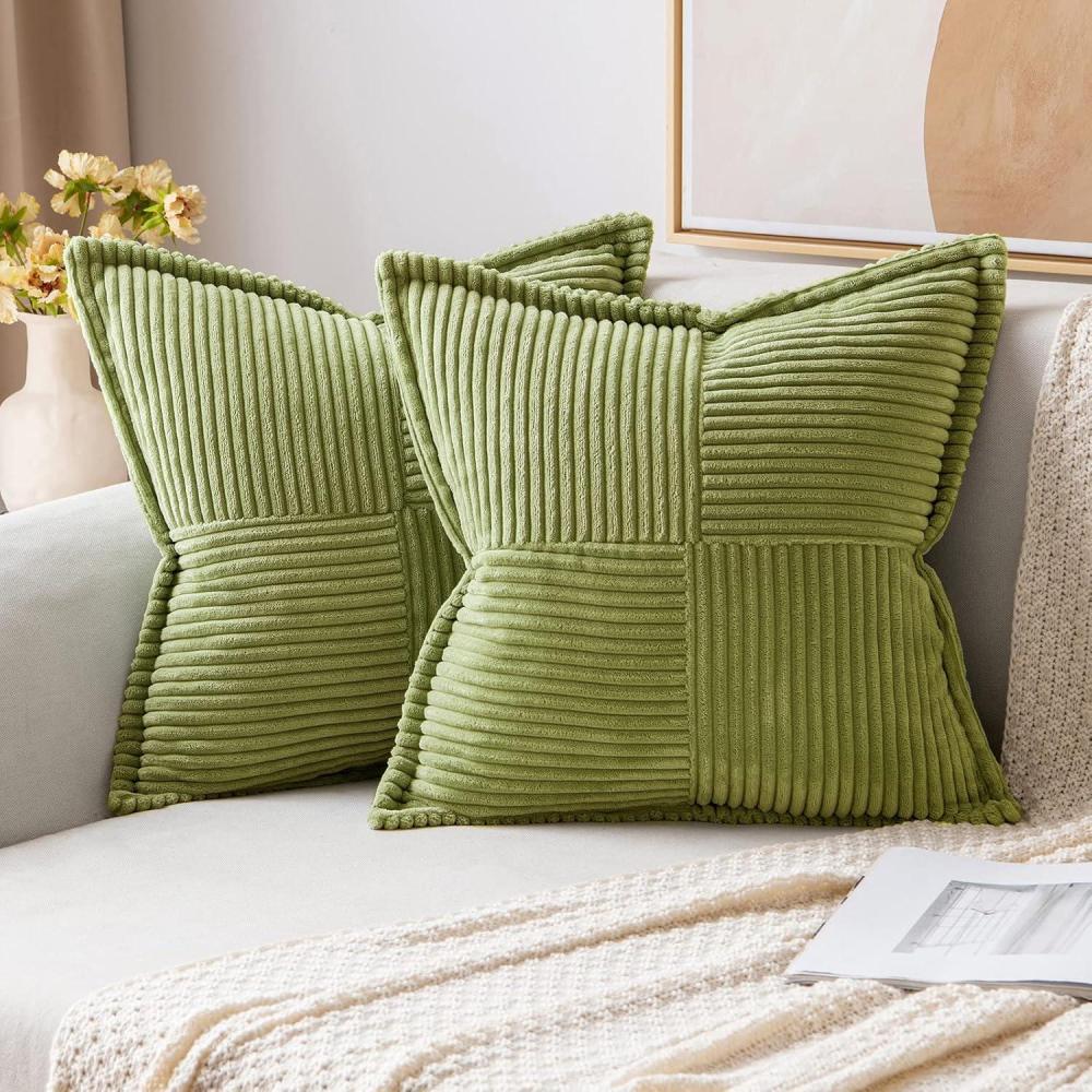 imageMIULEE Orange Fall Corduroy Decorative Euro Sham Pillow Covers 24x24 Inch with Splicing Set of 2 Soft Boho Pillow Covers Broadside Textured Summer Pillowcases for Couch Bed LivingroomGreen