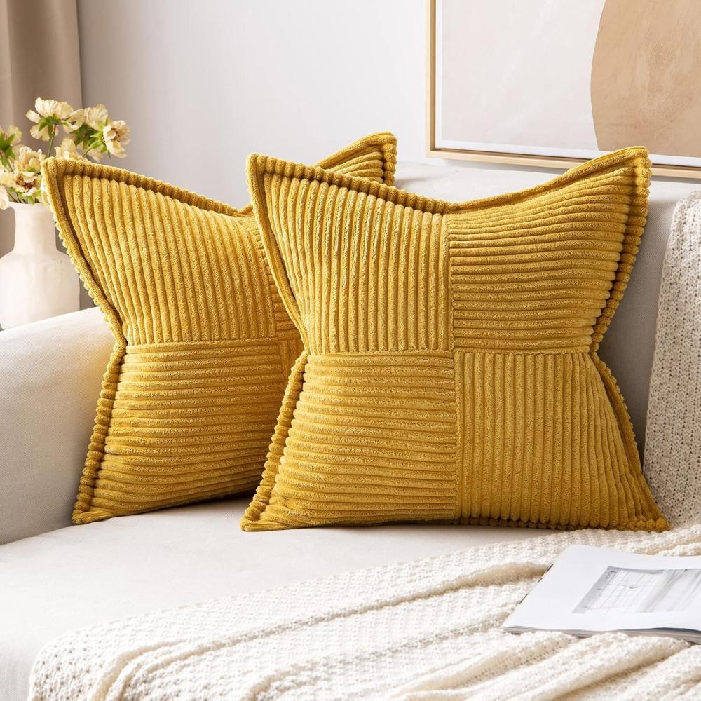 imageMIULEE Orange Fall Corduroy Decorative Euro Sham Pillow Covers 24x24 Inch with Splicing Set of 2 Soft Boho Pillow Covers Broadside Textured Summer Pillowcases for Couch Bed LivingroomMustard Yellow