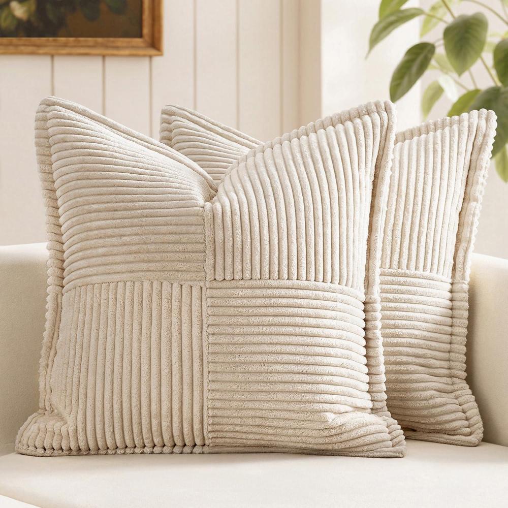 imageMIULEE Orange Fall Corduroy Decorative Euro Sham Pillow Covers 24x24 Inch with Splicing Set of 2 Soft Boho Pillow Covers Broadside Textured Summer Pillowcases for Couch Bed LivingroomBeige