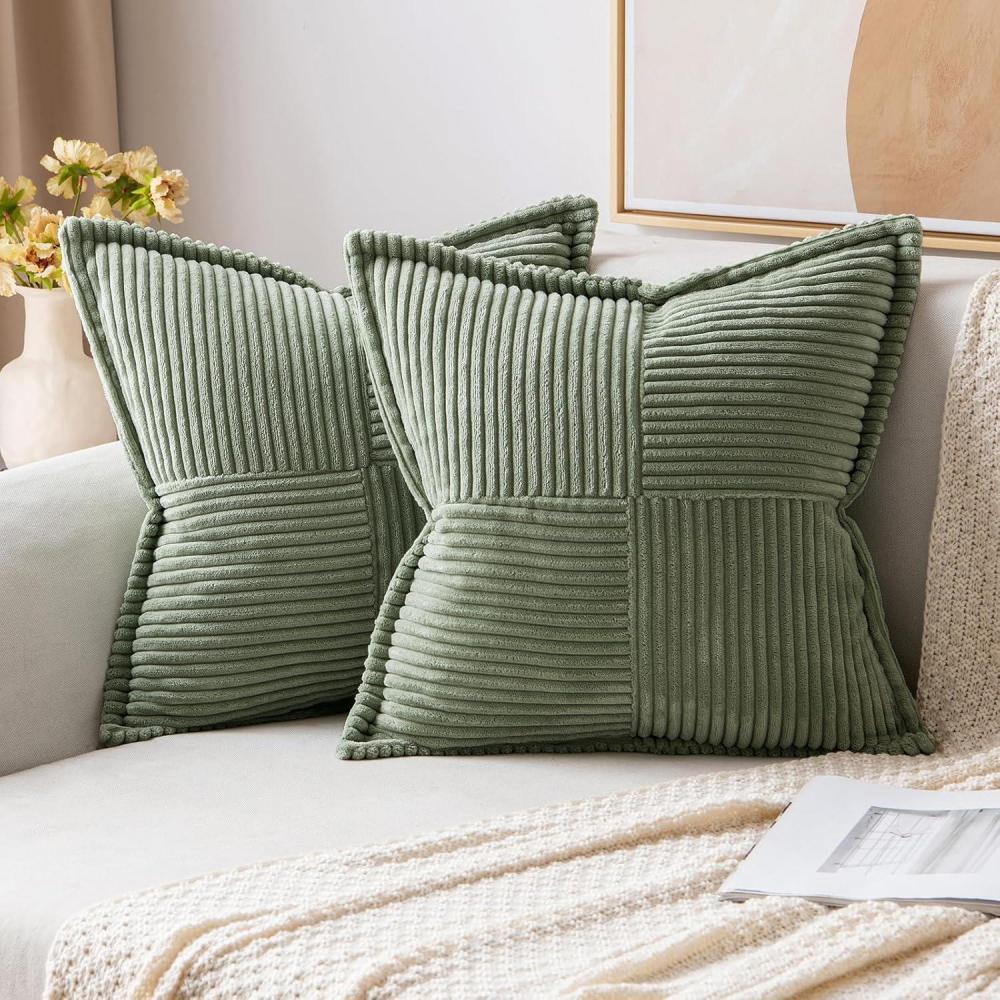 imageMIULEE Orange Fall Corduroy Decorative Euro Sham Pillow Covers 24x24 Inch with Splicing Set of 2 Soft Boho Pillow Covers Broadside Textured Summer Pillowcases for Couch Bed LivingroomLight Olive Green