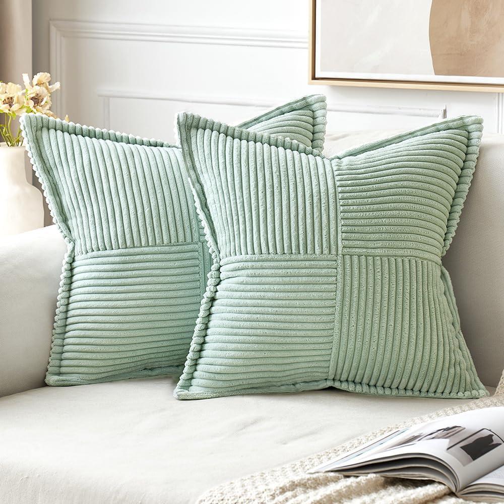 imageMIULEE Orange Fall Corduroy Decorative Euro Sham Pillow Covers 24x24 Inch with Splicing Set of 2 Soft Boho Pillow Covers Broadside Textured Summer Pillowcases for Couch Bed LivingroomMint Green