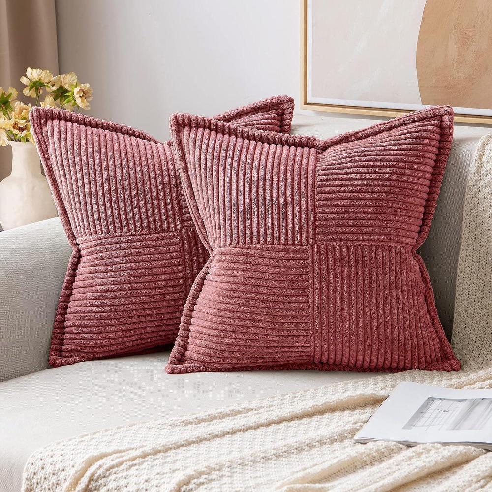 imageMIULEE Orange Fall Corduroy Decorative Euro Sham Pillow Covers 24x24 Inch with Splicing Set of 2 Soft Boho Pillow Covers Broadside Textured Summer Pillowcases for Couch Bed LivingroomCranberry Red