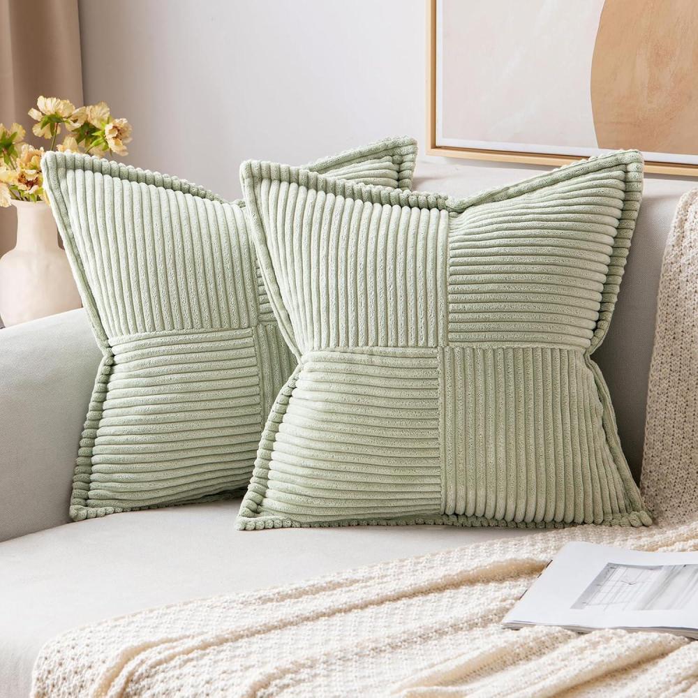 imageMIULEE Orange Fall Corduroy Decorative Euro Sham Pillow Covers 24x24 Inch with Splicing Set of 2 Soft Boho Pillow Covers Broadside Textured Summer Pillowcases for Couch Bed LivingroomLight Green