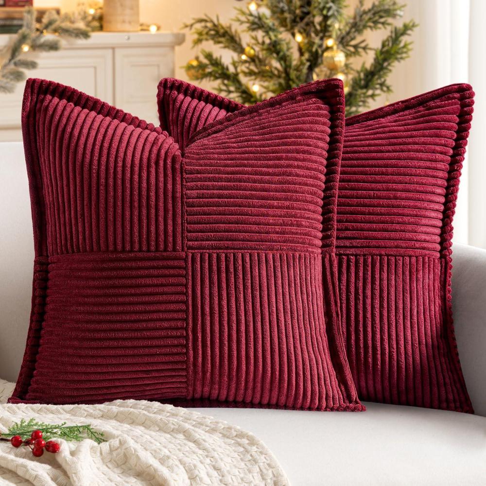 imageMIULEE Orange Fall Corduroy Decorative Euro Sham Pillow Covers 24x24 Inch with Splicing Set of 2 Soft Boho Pillow Covers Broadside Textured Summer Pillowcases for Couch Bed LivingroomBurgundy
