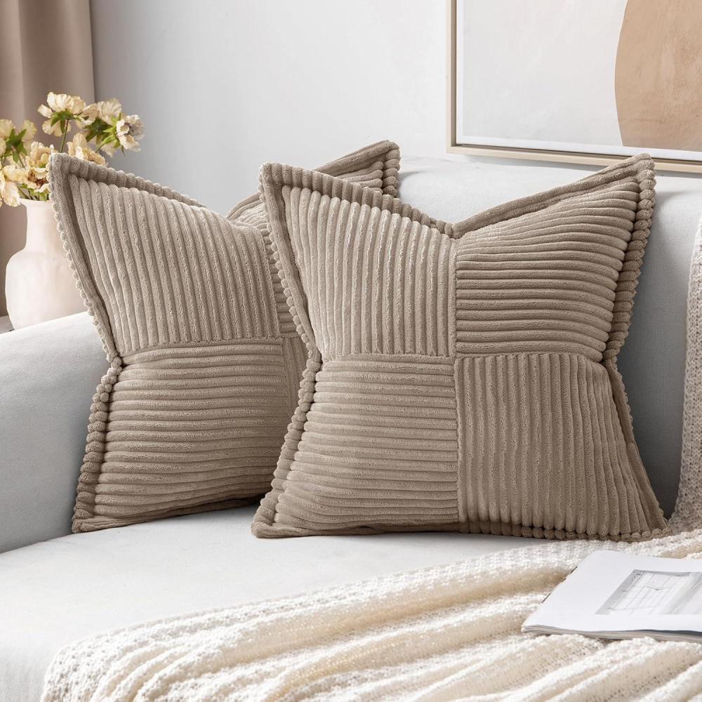 imageMIULEE Orange Fall Corduroy Decorative Euro Sham Pillow Covers 24x24 Inch with Splicing Set of 2 Soft Boho Pillow Covers Broadside Textured Summer Pillowcases for Couch Bed LivingroomLight Brown