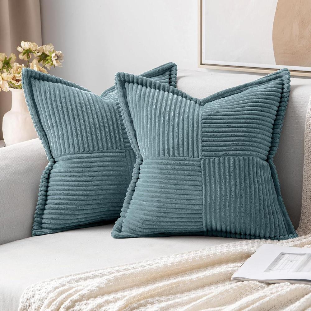 imageMIULEE Orange Fall Corduroy Decorative Euro Sham Pillow Covers 24x24 Inch with Splicing Set of 2 Soft Boho Pillow Covers Broadside Textured Summer Pillowcases for Couch Bed LivingroomDusty Blue
