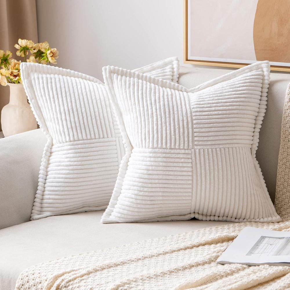 imageMIULEE Orange Fall Corduroy Decorative Euro Sham Pillow Covers 24x24 Inch with Splicing Set of 2 Soft Boho Pillow Covers Broadside Textured Summer Pillowcases for Couch Bed LivingroomWhite