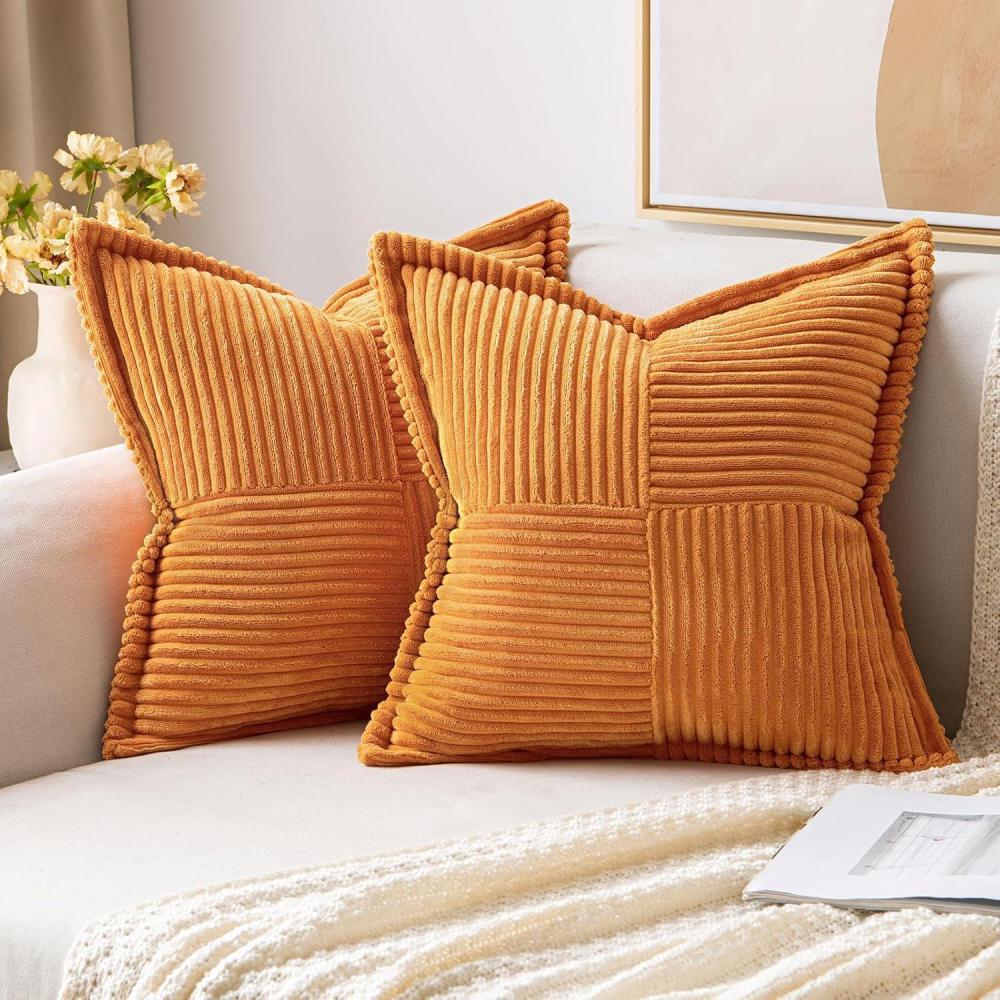 imageMIULEE Orange Fall Corduroy Decorative Euro Sham Pillow Covers 24x24 Inch with Splicing Set of 2 Soft Boho Pillow Covers Broadside Textured Summer Pillowcases for Couch Bed LivingroomBurnt Orange