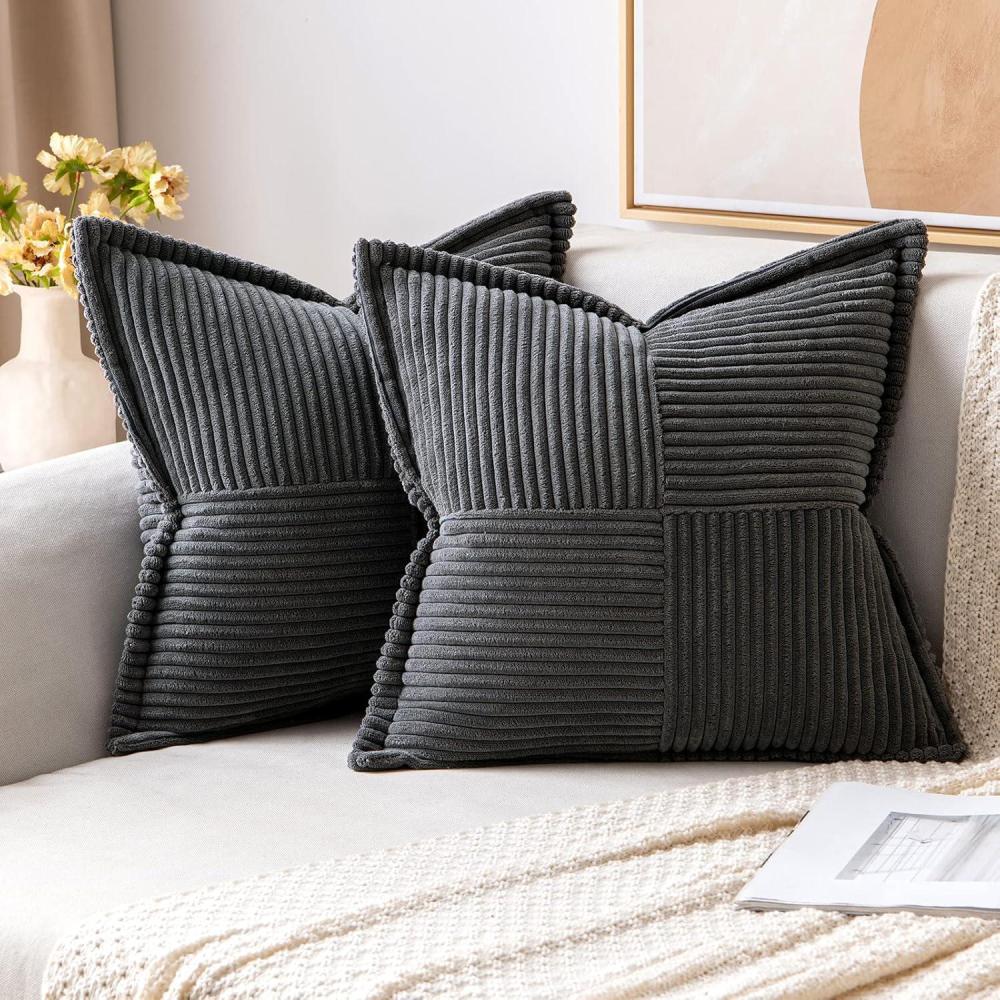 imageMIULEE Orange Fall Corduroy Decorative Euro Sham Pillow Covers 24x24 Inch with Splicing Set of 2 Soft Boho Pillow Covers Broadside Textured Summer Pillowcases for Couch Bed LivingroomDark Grey