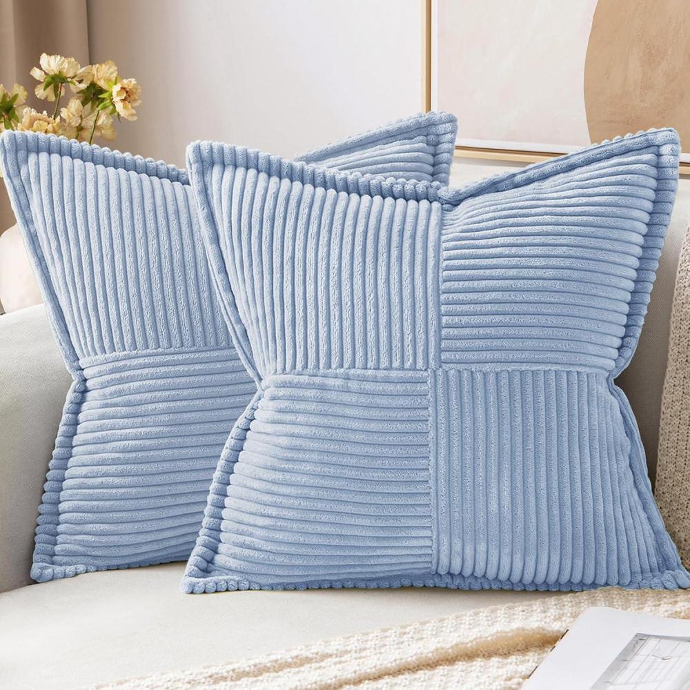 imageMIULEE Orange Fall Corduroy Decorative Euro Sham Pillow Covers 24x24 Inch with Splicing Set of 2 Soft Boho Pillow Covers Broadside Textured Summer Pillowcases for Couch Bed LivingroomLightblue