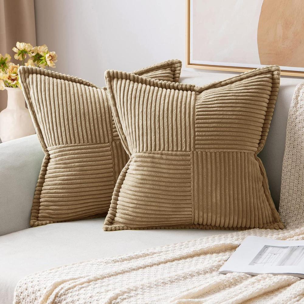 imageMIULEE Orange Fall Corduroy Decorative Euro Sham Pillow Covers 24x24 Inch with Splicing Set of 2 Soft Boho Pillow Covers Broadside Textured Summer Pillowcases for Couch Bed LivingroomKhaki